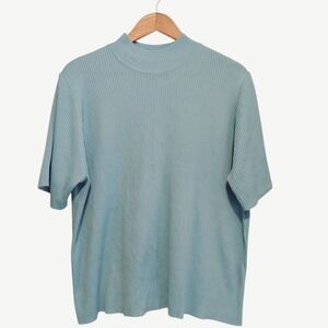 Vintage Sag Harbor Size 2X Ribbed Mock Neck Minimalist Blue Top Short Sleeve